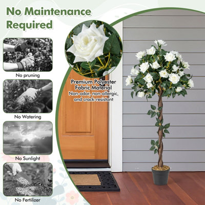 Costway 120 CM Artificial Flower Tree Faux Floral Plant W/ White Roses Greenery Potted - 6