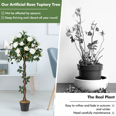 Costway 120 CM Artificial Flower Tree Faux Floral Plant W/ White Roses Greenery Potted - 7