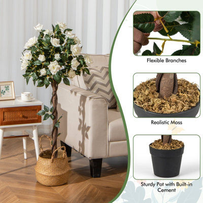 Costway 120 CM Artificial Flower Tree Faux Floral Plant W/ White Roses Greenery Potted - 8