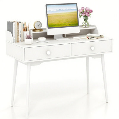 COSTWAY 120 CM Home Office Computer Desk Wooden Vanity Table W/ Hutch-White