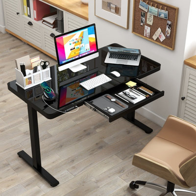 COSTWAY 120 x 60 CM Electric Standing Desk w/ Drawers Whole-Piece Glass Computer Desk