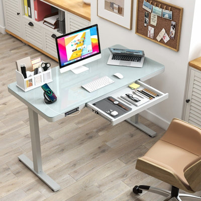 COSTWAY 120 x 60 CM Electric Standing Desk w/ Drawers Whole-Piece Glass Computer Desk