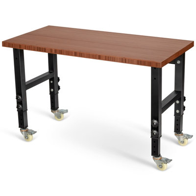 Costway 120cm Adjustable Workbench Heavy-duty Workstation W/ Bamboo Top & Lockable Casters