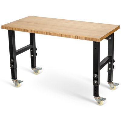 Costway 120cm Adjustable Workbench Heavy-duty Workstation W/ Bamboo Top & Lockable Casters