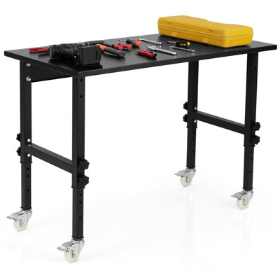 Costway 120cm Adjustable Workbench Heavy-duty Workstation W/ Bamboo Top & Lockable Casters