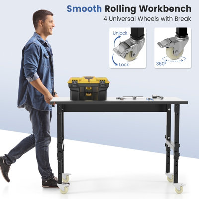 Costway 120cm Adjustable Workbench Heavy-duty Workstation W/ Bamboo Top & Lockable Casters - 6