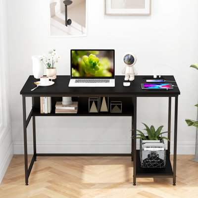 48 inch Computer Desk with Power Outlets, Home Office Desk with 3 Drawers, Writing Desk with Removable Monitor Shelf, Pure White