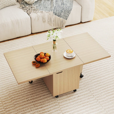 COSTWAY 120cm Extendable Center Table Foldable Coffee Table w/ Storage-Oak