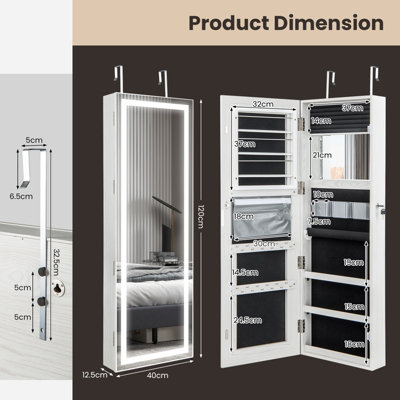 Costway 120cm Full Length Mirror Jewelry Cabinet Door Hanging/Wall Mounted Mirror w/ 3-Color Lights