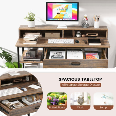 Costway 120cm Home Office Computer Desk w/ Drawer Open Shelves & Monitor Stand Writing Desk