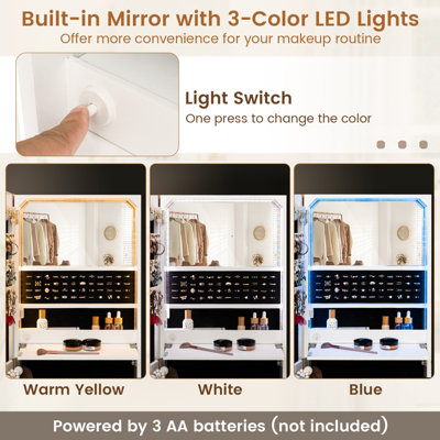Costway 120cm LED Jewelry Mirror Cabinet Wall Mounted Jewelry Armoire w/ Frameless Mirror - 5
