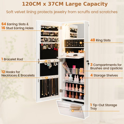 Costway 120cm LED Jewelry Mirror Cabinet Wall Mounted Jewelry Armoire w/ Frameless Mirror - 7