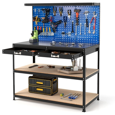 COSTWAY 121 x 61 CM Workbench Heavy-Duty Work Table w/ 3 PCS Pegboard-Navy
