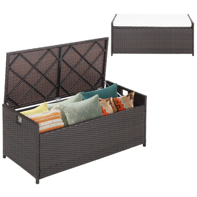 Costway 128L Patio Storage Bench Mix Brown Wicker Storage Box with Seat Cushion