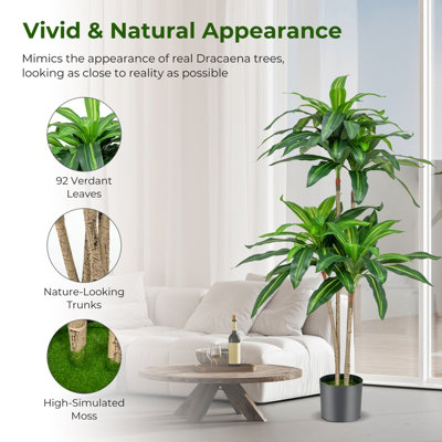 Costway 140 CM Tall Artificial Tree Fake Dracaena Plant W/ 92 Leaves Built-in Cement Pot - 5