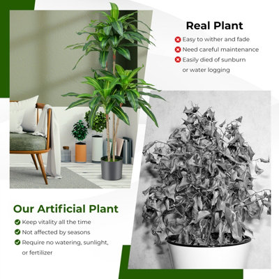 Costway 140 CM Tall Artificial Tree Fake Dracaena Plant W/ 92 Leaves Built-in Cement Pot - 7