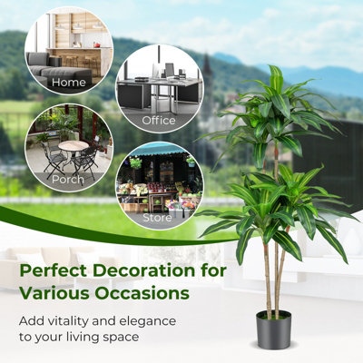 Costway 140 CM Tall Artificial Tree Fake Dracaena Plant W/ 92 Leaves Built-in Cement Pot - 9