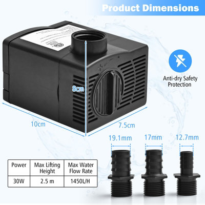 Costway 1450L/H 30W Submersible Pump Fountain Water Pump with 2.5M High Lift 3 Nozzles