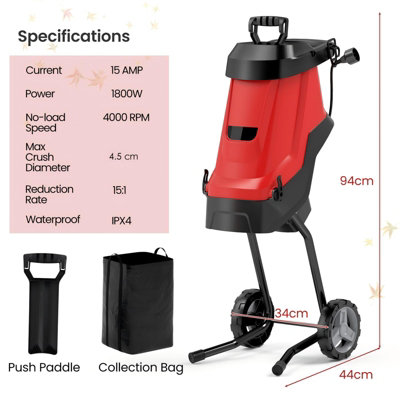 COSTWAY 15-AMP Electric Garden Wood Chipper and Shredder Leaf Mulcher with Wheels