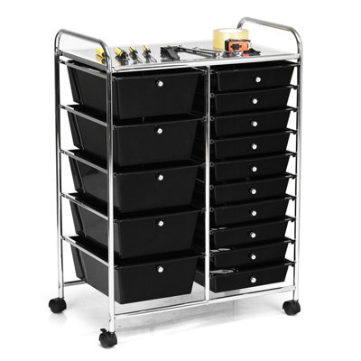 COSTWAY 15-Drawer Storage Trolley Mobile Organiser Shelving Unit Utility Cart Black