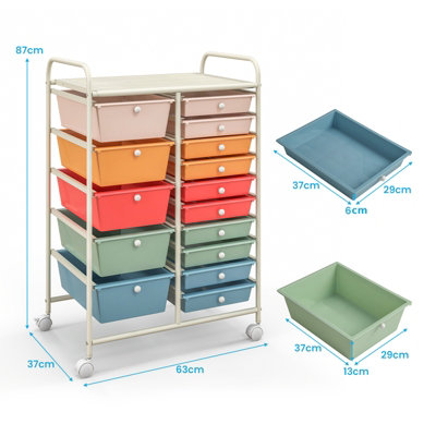 COSTWAY 15-Drawer Storage Trolley Mobile Organiser Shelving Unit Utility Cart Colorful