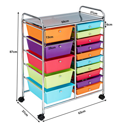 COSTWAY 15-Drawer Storage Trolley Mobile Organiser Shelving Unit Utility Cart Multicolour