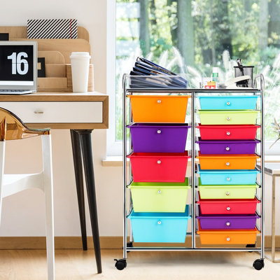 COSTWAY 15-Drawer Storage Trolley Mobile Organiser Shelving Unit Utility Cart Multicolour