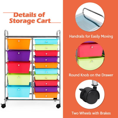 COSTWAY 15-Drawer Storage Trolley Mobile Organiser Shelving Unit Utility Cart Multicolour