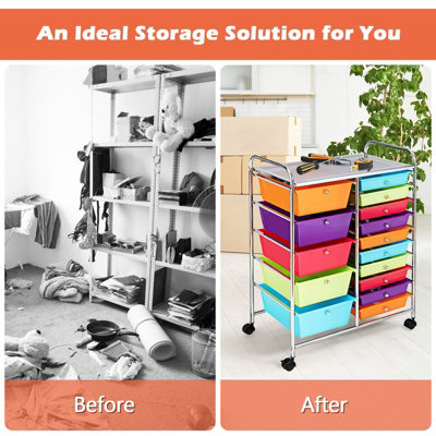 COSTWAY 15-Drawer Storage Trolley Mobile Organiser Shelving Unit Utility Cart Multicolour