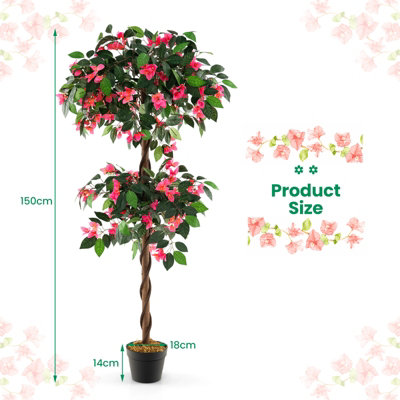 Costway 150 CM Artificial Bougainvillea Tree Faux Flower Tree W/ 252 Flowers 630 Leaves - 3