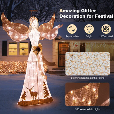 COSTWAY 150 cm Lighted Christmas Angel Decoration w/ 100 Warm White LED Lights - 5