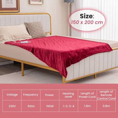 Costway 150 x 200 cm Electric Heated Blanket Soft Heating Blanket Throw 4 Heating Levels