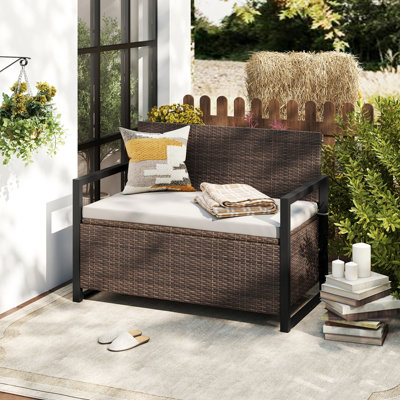 COSTWAY 150L Outdoor Storage Bench PE Rattan Deck Box with Padded