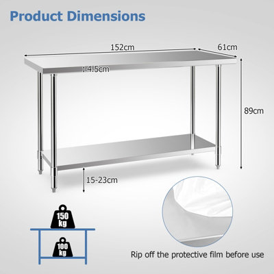 COSTWAY 152 X 61 CM STAINLESS STEEL TABLE COMMERCIAL WORKTABLE ...