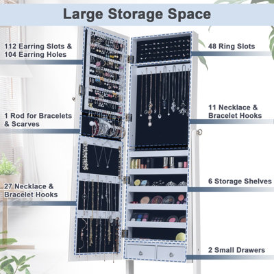 Costway 155cm Tall Jewelry Armoire Freestanding Jewelry Cabinet Lockable Jewelry Organizer w/ Mirror - 7
