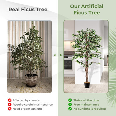 Costway 160 CM Artificial Ficus Tree Fake Faux Greenery Potted Plant with 1008 Leaves - 7