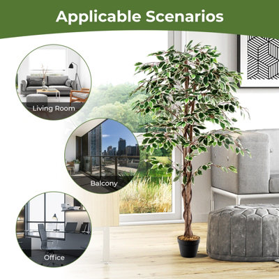 Costway 160 CM Artificial Ficus Tree Fake Faux Greenery Potted Plant with 1008 Leaves - 9
