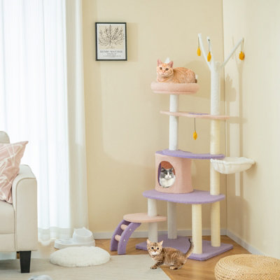 Costway 160 cm Purple Cat Tree Multi-level Cat Tower Tall Kitty House w/ Ladder - 3