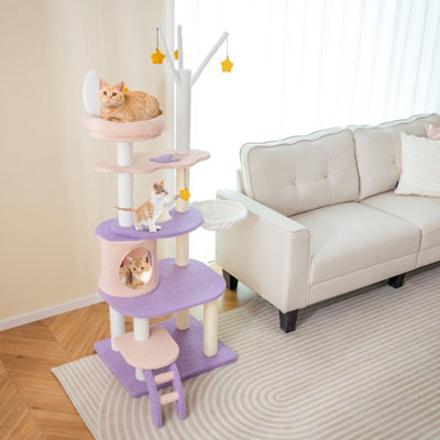Costway 160 cm Purple Cat Tree Multi-level Cat Tower Tall Kitty House w/ Ladder - 4
