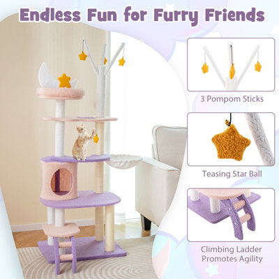 Costway 160 cm Purple Cat Tree Multi-level Cat Tower Tall Kitty House w/ Ladder - 6