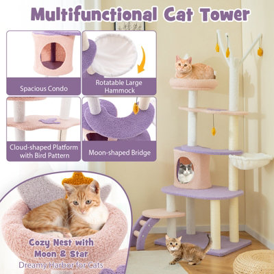 Costway 160 cm Purple Cat Tree Multi-level Cat Tower Tall Kitty House w/ Ladder - 7