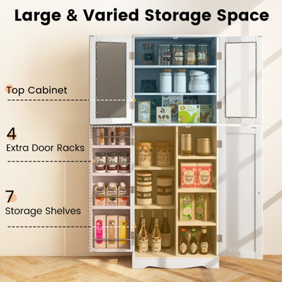 Costway 161 cm Tall Food Pantry Cabinet Kitchen Cupboard w Tempered Glass Doors