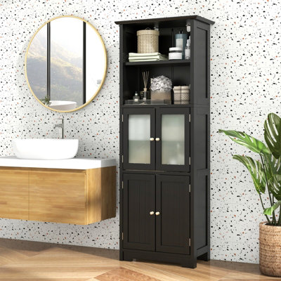 Costway 163cm Tall Bathroom Storage Cabinet Kitchen Pantry Cupboard w/ Glass Doors Black