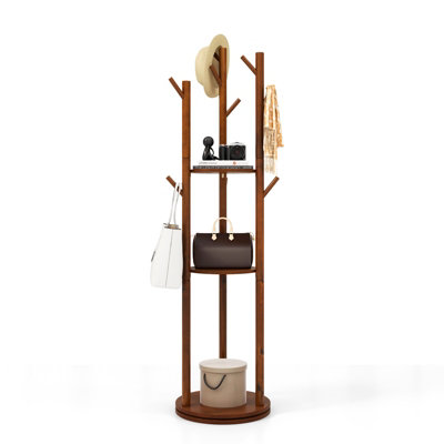 Costway 167cm Standing Wooden Coat Tree 360-Degree Rotating Rotary Coat Rack with 3 Shelves