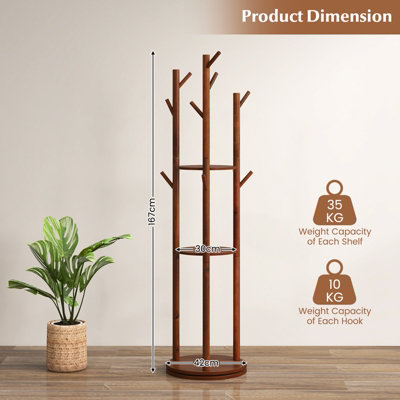Costway 167cm Standing Wooden Coat Tree 360-Degree Rotating Rotary Coat Rack with 3 Shelves - 3