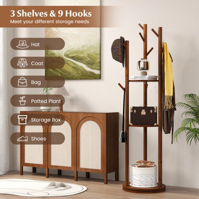 Costway 167cm Standing Wooden Coat Tree 360-Degree Rotating Rotary Coat Rack with 3 Shelves - 4