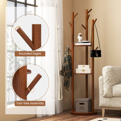 Costway 167cm Standing Wooden Coat Tree 360-Degree Rotating Rotary Coat Rack with 3 Shelves - 7