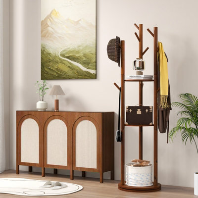 Costway 167cm Standing Wooden Coat Tree 360-Degree Rotating Rotary Coat Rack with 3 Shelves - 8