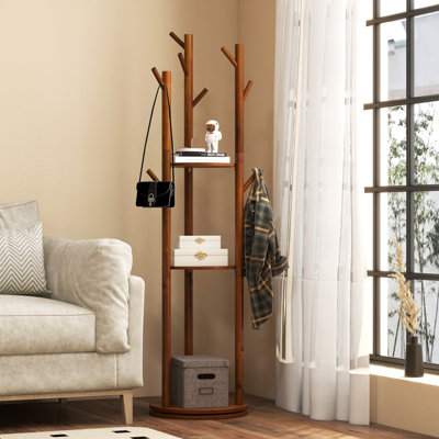 Costway 167cm Standing Wooden Coat Tree 360-Degree Rotating Rotary Coat Rack with 3 Shelves - 9