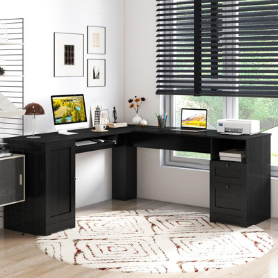 COSTWAY 168 CM L-shaped Computer Desk w/ Power Outlets Modern Corner ...